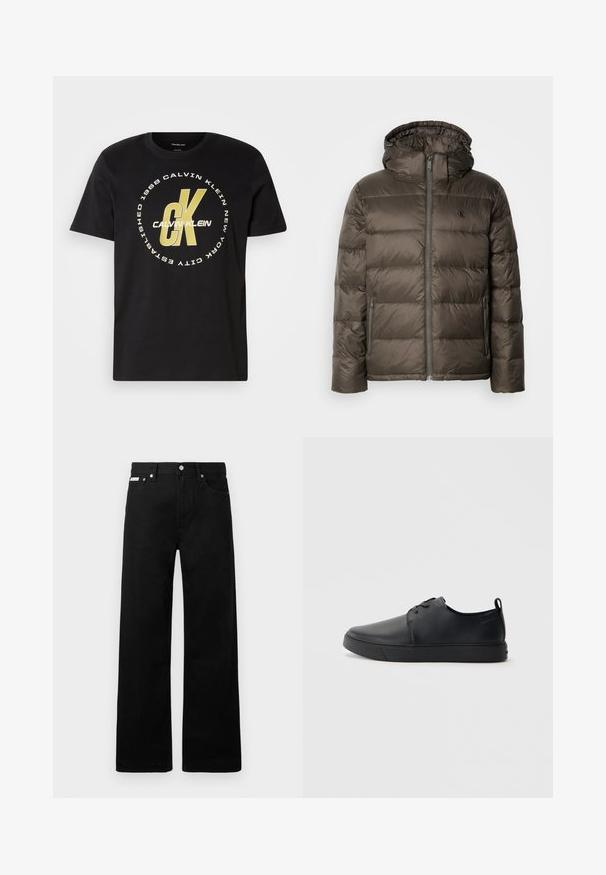 Soevitatud pruun jope kapuutsiga, millel on eesneed ja küljetaskud ning tikandiga mustri. Materjal näib kerge ja sujuv.; Must have valge puuvillane T-särk lühikeste varrukatega, ümar kaelus ja suur valge ja kuldne graafika, mis sisaldab "Calvin Klein" ja "CK".; Mustadest denimist püksid laiade jalgadega, viie tasku ja metallist nööpidega. Sile tekstuur, nähtavad mustrid puuduvad.; Mustaläik nahast spordijalatsid siledaga viimistlusega, ümarate varvastega, sama tooni õmblustega, nööbid ees, ja lamedate kummist tallaga. Kannas aas.
