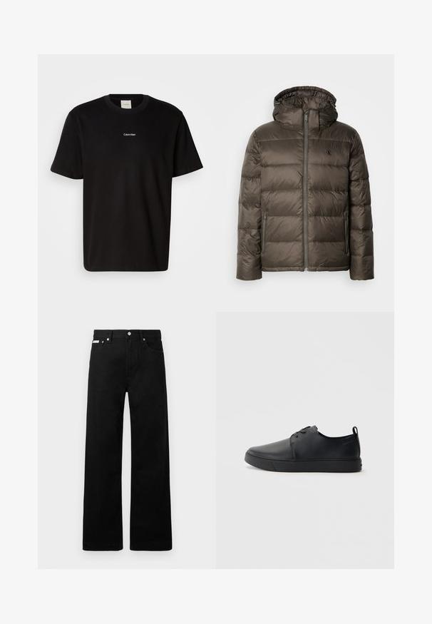 Hnědá zateplená bunda s kapucí, vybavená předním zipem, bočními kapsami a prošívaným vzorem. Materiál vypadá lehce a hladce.; Černé bavlněné tričko s krátkými rukávy, kulatým výstřihem a bílým logem "Calvin Klein" umístěným na hrudi. Hladká textura, klasický střih.; Černé denimové kalhoty s širokým střihem, s pěti kapsami a kovovými knoflíky. Hladký povrch, bez viditelných vzorů.; Černé kožené tenisky s hladkým povrchem, zaoblenou špičkou, tónovým prošíváním, šněrovacím uzávěrem a plochou gumovou podrážkou. Očko na patě.