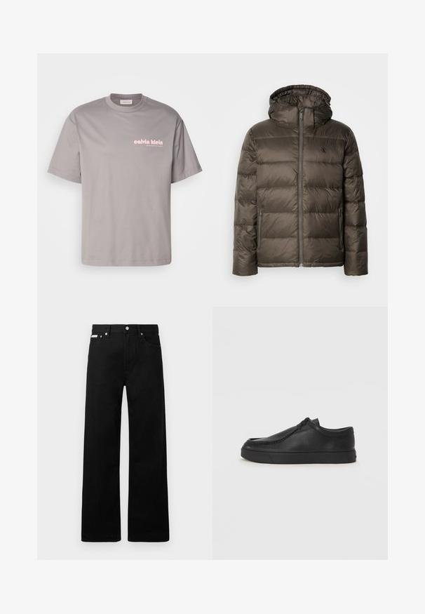 Pelēks brūns jaka ar kapuci, kas aprīkota ar priekšējo rāvējslēdzēju, sānu kabatām un quilted dizainu. Materiāls izskatās viegls un gluds.; Pelēks kokvilnas T-kreklis ar īsām piedurknēm un apaļu kakla izgriezumu. Uz kreisā krūšu auduma ir iespiests rozā "Calvin Klein" logo.; Melni džinsi ar platajiem bikšu dizainu, ar piecām kabatām un metāla pogām. Gluda tekstūra, bez redzamām rakstu detaļām.; Melnas ādas slip-on kurpes ar noapaļotu purngalu, šūšanas detaļām un melnu gumijas zoli. Gluda tekstūra ar minimālistisku dizainu.