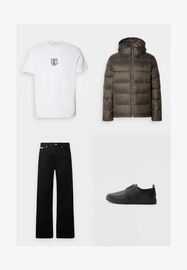 Soevitatud pruun jope kapuutsiga, millel on eesneed ja küljetaskud ning tikandiga mustri. Materjal näib kerge ja sujuv.; Valge puuvillane T-särk, millel on must tikandiga kilbiga logo rinnal. Klassikaline ümmargune kaelus ja lühikesed varrukad, lisamustreid pole.; Mustadest denimist püksid laiade jalgadega, viie tasku ja metallist nööpidega. Sile tekstuur, nähtavad mustrid puuduvad.; Mustaläik nahast spordijalatsid siledaga viimistlusega, ümarate varvastega, sama tooni õmblustega, nööbid ees, ja lamedate kummist tallaga. Kannas aas.