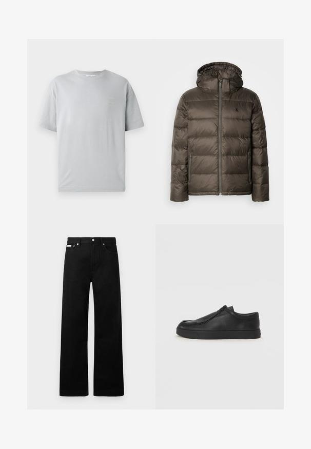 Casaco castanho acolchoado com capuz, apresentando um fecho à frente, bolsos laterais e um design acolchoado. O material parece leve e suave.; T-shirt cinza de algodão com um ajuste descontraído, mangas curtas e um pequeno detalhe em texto amarelo na frente. Textura suave e decote redondo clássico.; Calças de ganga pretas com um design de pernas largas, apresentando cinco bolsos e fechos metálicos. Textura suave, sem padrões visíveis.; Sapata slip-on de couro preto com biqueira arredondada, detalhes cosidos e sola de borracha preta. Textura suave com design minimalista.