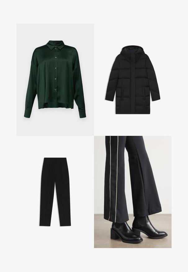 Sort puffermantel med hætte, der har et quiltet design, to sidelommer og en lige snit med en skjult frontlynlås.; DRYKORN CLOELIA - Skjortebluser - green; Sorte bukser med lige pasform, der har dobbelte folder, en glat tekstur og et klassisk taljedesign. Ingen synlige hardware eller accenter.; Sorte læder ankelstøvler med blokhæle, udstyret med elastiske sidepaneler. Kombineret med sorte bukser, der har en hvid side stripe.
