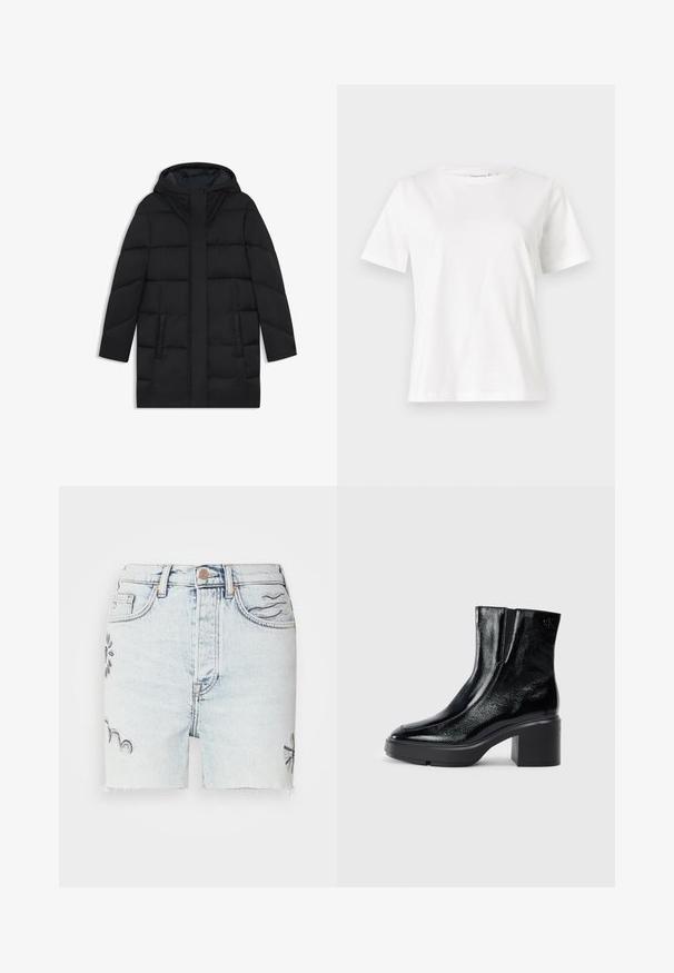 Sort puffermantel med hætte, der har et quiltet design, to sidelommer og en lige snit med en skjult frontlynlås.; Hvid bomulds t-shirt med korte ærmer, rund halsudskæring og en afslappet pasform. Glat tekstur, ingen mønstre eller accenter, minimalistisk design.; Lystdenim shorts i lys vask med frynset kant, broderede blomsterdesigns i blå og traditionel fem-lomme stil med metalknaplukning.; Sorte patenterede læderankelstøvler med en buet tå, elastiske sidepaneler og en kraftig blokhæl. Har et præget logo på bagsiden.