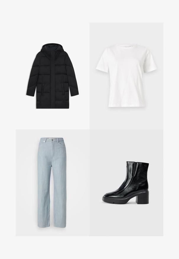 Abrigo tipo puffer negro con capucha, con un diseño acolchado, dos bolsillos laterales y un corte recto con un cierre frontal de cremallera oculta.; Camiseta de algodón blanca de manga corta, con cuello redondo y un corte relajado. Textura suave, sin patrones ni acentos, diseño minimalista.; Jeans de pierna recta en azul claro, hechos de denim. Cuenta con cinco bolsillos, un cierre de botón de metal y un sutil desgastado para añadir textura.; Botas de tobillo de charol negro con puntera curva, paneles laterales elásticos y un tacón ancho. Presentan un logo embosado en la parte posterior.