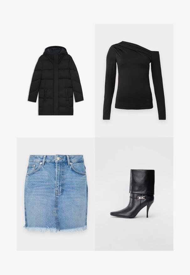 Zwarte gewatteerde jas met een capuchon, voorzien van een gestikt ontwerp, twee zijzakken en een rechte snit met een verborgen rits aan de voorkant.; Zwart langemouwen top met een asymmetrische halslijn, waarbij één schouder bloot is en zachte draping over de borst valt.; Blauwe denim rok met een getailleerd ontwerp, raw hemline en klassieke voorkeurszakken. Glad textuur met lichte vervaging voor een casual uitstraling.; Zwarte leren enkelboot met een spitse neus, hoge stilettohak, opgevouwen manchet en een gouden decoratieve gespdetails op de enkel.