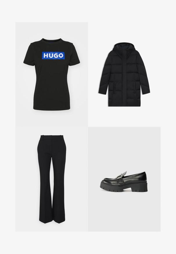 Zwarte gewatteerde jas met een capuchon, voorzien van een gestikt ontwerp, twee zijzakken en een rechte snit met een verborgen rits aan de voorkant.; Zwarte t-shirt met korte mouwen van katoen, met een grote blauwe rechthoekige grafiek waarop het woord "HUGO" in witte vette letters staat.; Zwarte geplooide broek met een recht model, gemaakt van een gladde stof. Heeft een hoge taille en onzichtbare zijzakken.; Zwarte leren loafers met een robuuste rubberen zool. Voorzien van een gespaccent en gestikte details langs de bovenkant. Platte hak.