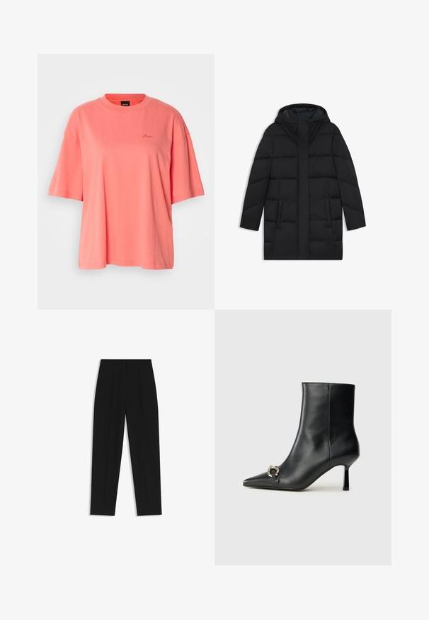 Sort puffermantel med hætte, der har et quiltet design, to sidelommer og en lige snit med en skjult frontlynlås.; Korallenfarvet oversized t-shirt lavet af blød bomuld, med en rund halsudskæring og korte ærmer, samt et subtilt broderet logo på brystet.; Sorte bukser med lige pasform, der har dobbelte folder, en glat tekstur og et klassisk taljedesign. Ingen synlige hardware eller accenter.; Sort læder ankelstøvle med spidse tæer, slank hæl i mellemhøjde og sølvspænde detaljer på siden mod en ensfarvet baggrund.