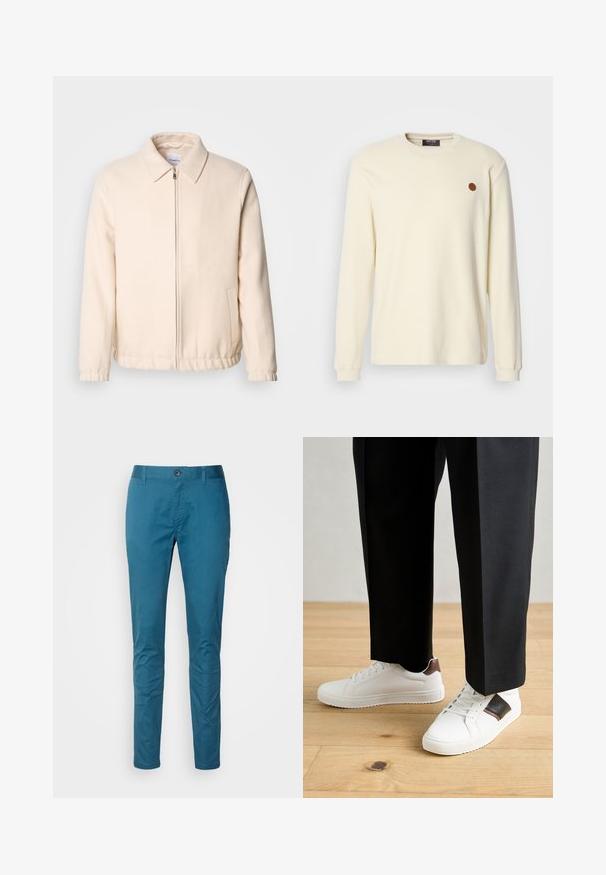 Lindbergh TEXTURED ZIP THROUGHT JACKET - Summer jacket - off white; Cream ribbed long-sleeve sweater with crew neck and brown circular patch logo on left chest.; Blue cotton chinos with a slim fit, smooth texture, front button closure, and belt loops. No visible patterns or embellishments.; White sneakers with smooth texture, featuring brown leather accents and black detailing, paired with black tailored pants. Wooden floor background.