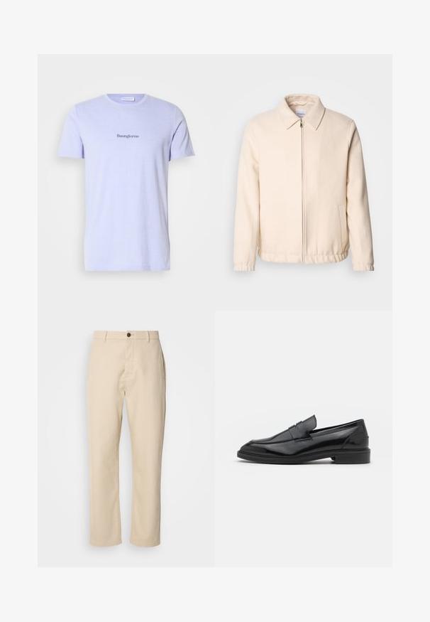 Lindbergh TEXTURED ZIP THROUGHT JACKET - Kevyt takki - off white; Vaaleanliila puuvillapaita, jossa on pyöreä kaula-aukko ja lyhyet hihat, edessä tummemmalla sävyllä "Buongiorno" -teksti.; Beige puuvillapanssarit suoraan lahkeilla, edessä napillinen sulku, sivutaskut ja sileä rakenne. Minimalistinen muotoilu, ei näkyviä kuvioita.; Musta nahkakengät, joissa on sileä pinta, pyöristetty varvas ja kapea nauha päällä. Matala paksu kanta.