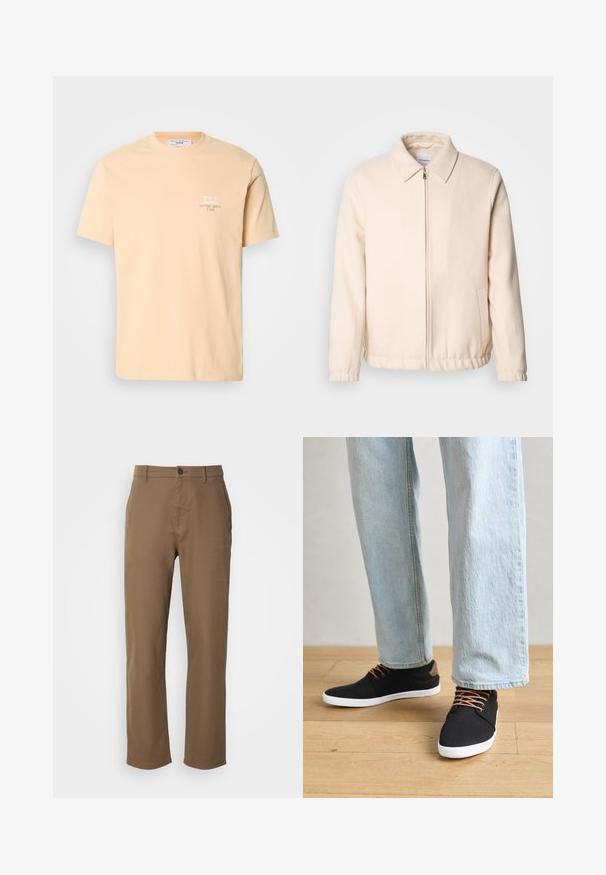 Lindbergh TEXTURED ZIP THROUGHT JACKET - Kevyt takki - off white; Persikka-värinen puuvillat-paita, jossa on lyhyet hihat ja vasemmassa rinnassa pieni valkoinen kuvio ja teksti. Yksinkertainen pyöreä kaula-aukko.; Ruske puuvillapüksid sirge lõikega, nööpklClosure ja küljetaskudega. Omavad siledat tekstuuri ja lihtsat, kaunistamata disaini.; Mustat canvas-kengät ruskeilla yksityiskohdilla, valkoisilla kumipohjilla ja ruskeilla nauhoilla, yhdistettynä vaaleansiniin suoriin farkkuihin. Taustalla puulattia.