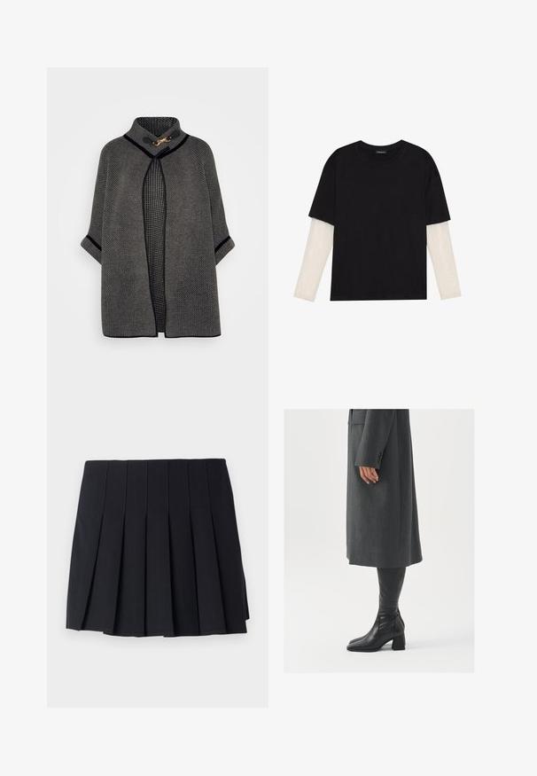 VILA VICEMRE - Poncho - dark natural; Svart t-shirt i bomull, med korta ärmar över ett vitt långärmat lager med en subtil texturdesign. Rundad halsringning.; Svart plisserad kjol i mjukt material. Har vertikala sömmar och ett elastiskt midjeband för komfort. Längd till mitten av låret, minimalistisk design.; Grå, skräddarsydd ytterrock med rak skärning; kombinerad med knähöga svarta läderstövlar med fyrkantig tå och kraftig klack.