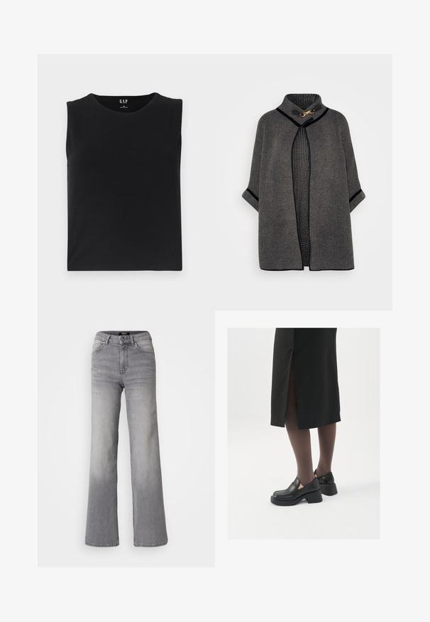 VILA VICEMRE - Poncho - dark natural; Top negru fără mâneci, confecționat dintr-o țesătură moale, având un guler rotund și un tiv drept. Design minimalist, fără accente sau ornamente.; Jeans din denim gri, cu talie înaltă și croială dreaptă, cu fermoar și nasture frontal, buzunare frontale și spate, și nuanțe estompate pe coapse și gambe.; Pantofi din piele neagră cu vârful rotund, toc bloc gros și accente elastice pe lateral, asortați cu colanți închiși la culoare și o fustă neagră cu o fanta.