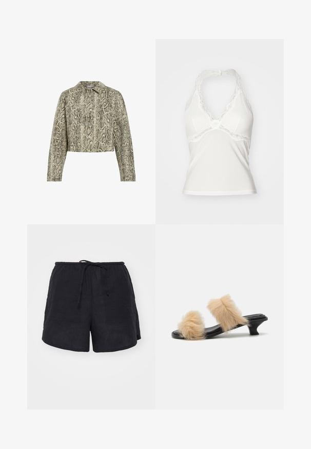 Zkrátená bunda s hadím vzorom, v béžovo-čiernej farebnej schéme, s predným uzatváraním na gombíky, špicatým golierom a dlhými rukávmi.; Biely top s halter výstrihom a čipkovým lemovaním pozdĺž dekoltu, vyrobený z mäkkého materiálu, s jemne vyplnenými košíčkami a priliehavým, hladkým strihom.; Gina Tricot RELAXED BLEND - Šortky - black; Čierne šľapky so striebornými podložkami a dvoma béžovými umelými kožušinovými pom-pommi, nízkymi kitten podpätkami, hladkým povrchom a otvoreným dizajnom špičky.