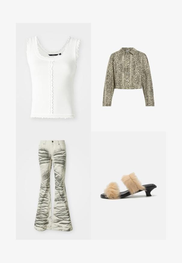 Gekürzte Jacke im Schlangenprint-Muster, mit einer beige und schwarzen Farbgebung, Knopfverschluss vorne, spitzem Kragen und langen Ärmeln.; Weißes geripptes Tanktop mit gewellten Kanten, einem runden Ausschnitt und Knopfdetails an der Vorderseite. In einer figurbetonten Form gestaltet.; Hellfarbene, ausgestellte Jeans mit strukturierten, schwarzen horizontalen Streifen und zerknitterten Details, ausgestattet mit vorderen Taschen und einem Metallknopfverschluss.; Schwarze Pantoletten mit zwei beige Kunstfell-Pompons, niedrigem Kitten-Heel, glatter Oberfläche und offenem Zehendesign.