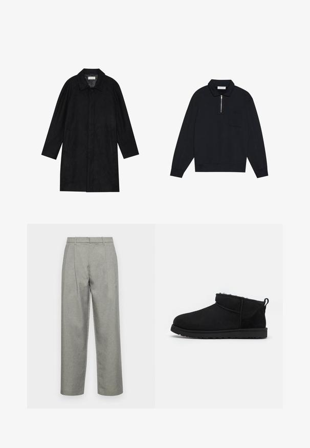 Black coat made from soft, textured fabric. Features a collar, raglan sleeves, side pockets, and a front button closure.; Pier One Sweatshirt - black; Gray tailored trousers made of textured fabric, featuring a straight-leg design, front pleats, and a standard waistband with belt loops.; Black suede ankle boots with a soft, textured lining, low-profile rubber sole, and a pull tab at the back for easy wear.