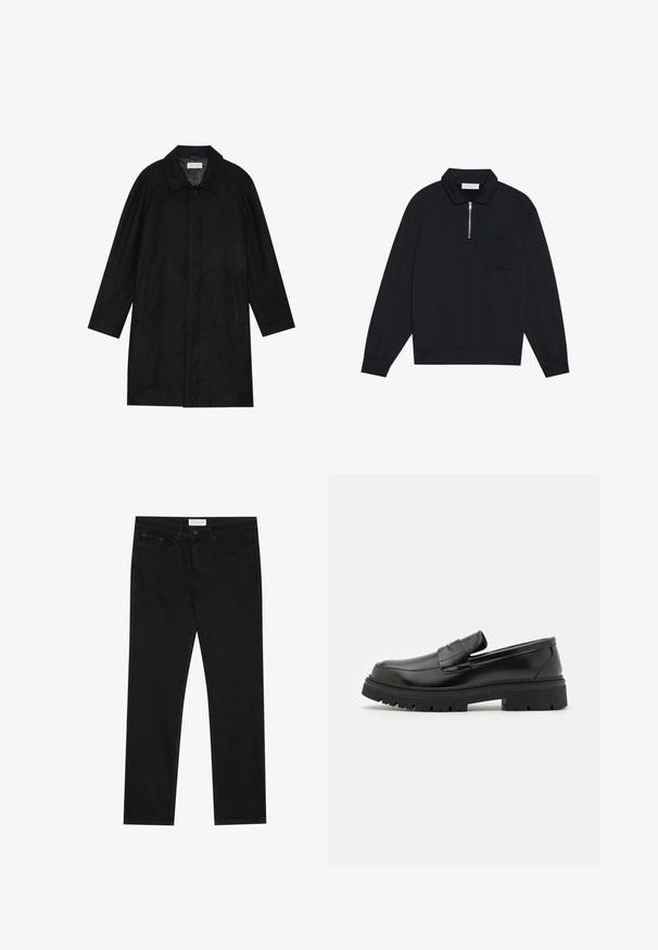 Černý kabát vyrobený z měkké, strukturované tkaniny. Má límec, raglánové rukávy, boční kapsy a přední zapínání na knoflíky.; Pier One Mikina - black; Černé rovné džíny s pěti kapsami, zapínání na knoflík a zip, a štítek značky Pier One na pase.; Černé kožené mokasíny s plochou, vroubkovanou podešví. Disponují prošívaným designem a stylem na nazouvání s dekorativním páskem přes přední část.
