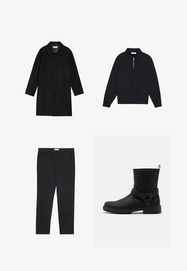 Crni kaput izrađen od mekog, teksturiranog materijala. Ima ovratnik, raglan rukave, bočne džepove i prednje dugme za zatvaranje.; Pier One Sportska majica - black; Crne pamučne hlače uskog kroja, s dva bočna džepa i prednjim zatvaranjem na dugme. Teksturirana tkanina s suptilnim detaljima.; Crne gležnjače od teksturirane kože s bočnom trakom i metalnim detaljima te gumenim potplatom s uzorkom za bolje prianjanje.