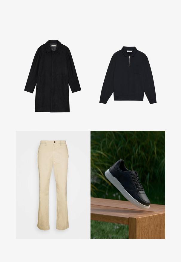 Must mustritud pehme kangast must mantel. Omab kraed, raglanvarrukaid, külgkotte ja ees nuppe.; Pier One Pusa - black; Beige helkuritega püksid, mis on valmistatud puuvillast, ees on nupulukuga, vöökoha silmadega ja siledast tekstuurist. Kohandatud sobivus, sirged jalad.; Must musta valge tald, rippumas puidust pingilt, rohelised lehestikud uduses taustas.