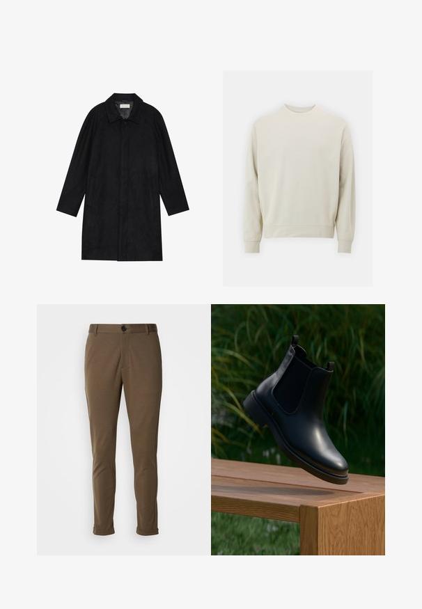 Casaco preto feito de um tecido macio e texturado. Apresenta um colarinho, mangas raglan, bolsos laterais e um fecho frontal com botões.; Sweatshirt bege claro feito de um tecido suave, com decote redondo, mangas compridas e punhos e barra canelados. Design minimalista, sem padrões visíveis.; Calças castanhas, ajustadas, com uma textura suave, apresentando um fecho de botão e bainhas enroladas. Projetadas com um corte slim e bolsos funcionais.; Bota de tornozelo em couro preto com painéis laterais elásticos flutuando acima de um banco de madeira, ao fundo folhagem verde.