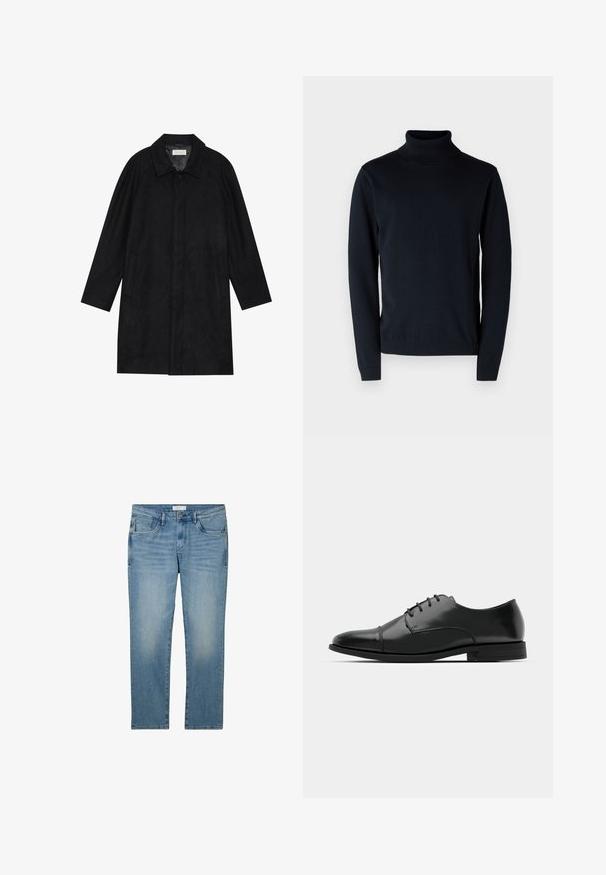 Abrigo negro hecho de un tejido suave y texturizado. Presenta un cuello, mangas raglán, bolsillos laterales y un cierre frontal con botones.; Suéter de cuello alto en azul marino oscuro, hecho de una tela suave y elástica. Cuenta con mangas largas y puños y dobladillo acanalados. Diseño simple y limpio.; Jeans de mezclilla azul con un diseño de pierna recta, que cuentan con cinco bolsillos y un acabado desgastado. La tela tiene una textura suave y un ligero estiramiento.; Zapato de vestir de cuero negro con punta redondeada, diseño con cordones, detalles de costura sutiles y un tacón bajo. Textura suave con acabado pulido.