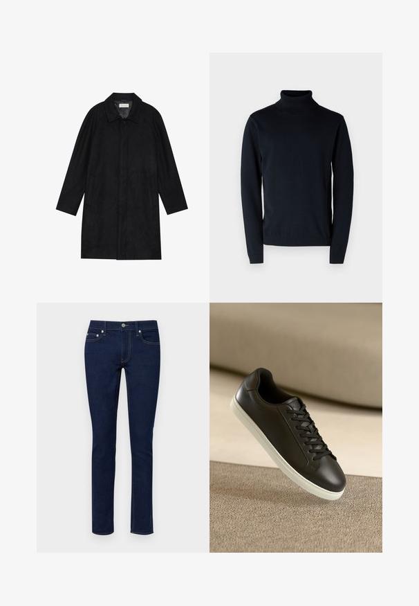 Abrigo negro hecho de un tejido suave y texturizado. Presenta un cuello, mangas raglán, bolsillos laterales y un cierre frontal con botones.; Suéter de cuello alto en azul marino oscuro, hecho de una tela suave y elástica. Cuenta con mangas largas y puños y dobladillo acanalados. Diseño simple y limpio.; Only & Sons ONSLOOM BOX - Vaqueros slim fit - dark blue denim; Zapatilla de cuero negra con suela de goma blanca y cordones negros, posicionada sobre una superficie y fondo de tela beige.