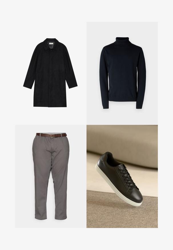 Manteau noir en tissu doux et texturé. Présente un col, des manches raglan, des poches latérales et une fermeture à boutons sur le devant.; Pull-over en grosse maille marine foncé en tissu doux et extensible. Caractéristiques : manches longues et poignets et ourlet côtelés. Design simple et épuré.; Pantalon gris avec une coupe décontractée, doté d'une ceinture en cuir marron, de poches latérales et d'une texture de tissu lisse. Ourlé aux chevilles.; Baskets en cuir noir avec une semelle en caoutchouc blanc et des lacets noirs, posées sur une surface et un fond en tissu beige.