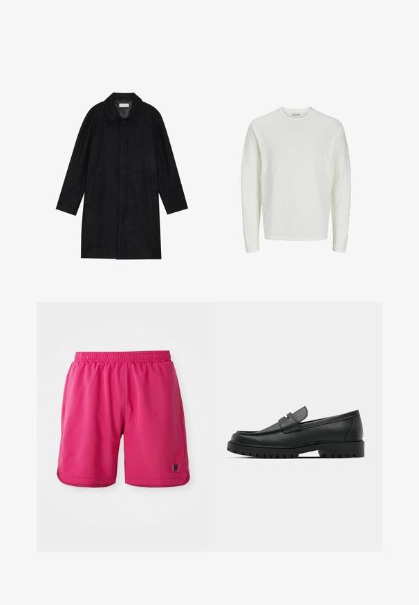 Melnā jaka, izgatavota no mīksta, teksturēta auduma. Ar apkakli, raglāna piedurknēm, sānu kabatām un priekšējo pogu aizdari.; Ilga piedurkne krekls krēmīgi baltā krāsā, teksturētā audumā. Apaļas kakla izgriezuma dizains ar bezšuvju pleciem un taisnu apakšmalu. Nav redzamu rakstu vai akcentu.; Spenēti rozā sporta šorti ar elastīgu jostu un mazu zīmola logotipu apakšējā kreisajā kājā uz baltas fona.; Melnas ādas loafers ar noapaļotu purngalu, ar izšūtu dizainu, zemu platformas zoli un teksturētu, rievotu gumijas ārējo zoli.