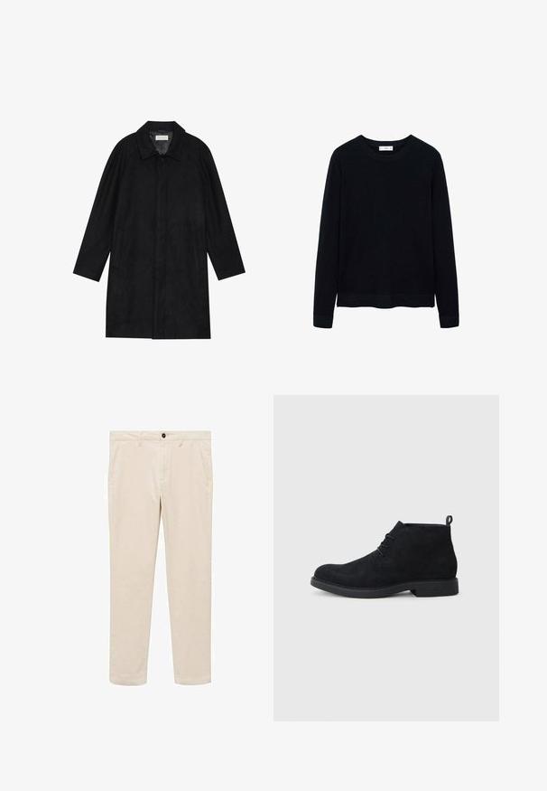 Cappotto nero realizzato in tessuto morbido e texturizzato. Caratterizzato da un colletto, maniche raglan, tasche laterali e chiusura frontale con bottoni.; Maglione nero a costine con maniche lunghe, scollatura rotonda e una sottile texture. Le maniche e l'orlo chiusi aggiungono un tocco di struttura al design.; Pantaloni in cotone beige con vestibilità dritta, dotati di due tasche laterali, chiusura frontale con bottone e zip, e una superficie liscia.; Stivaletti neri in suede sopra la caviglia con punta arrotondata, design alla allacciatura e suola in gomma testurizzata. Presentano una piccola linguetta sul retro.