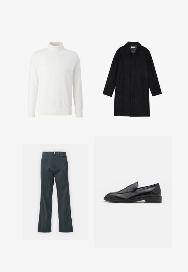 Schwarzer Mantel aus weichem, strukturiertem Stoff. Besitzt einen Kragen, Raglansärmel, seitliche Taschen und einen vorderen Knopfverschluss.; s.Oliver À COL ROULÉ - Strickpullover - ecru; Schwarze Hose mit geradem Bein, aus einem Baumwollmix. Verfügt über einen Metallknopfverschluss und seitliche Taschen. Keine sichtbaren Muster.; Schwarze Lederloafers mit glatter Oberfläche, runder Spitze und schmalem Riemen über dem Obermaterial. Niedriger, gestapelter Absatz.