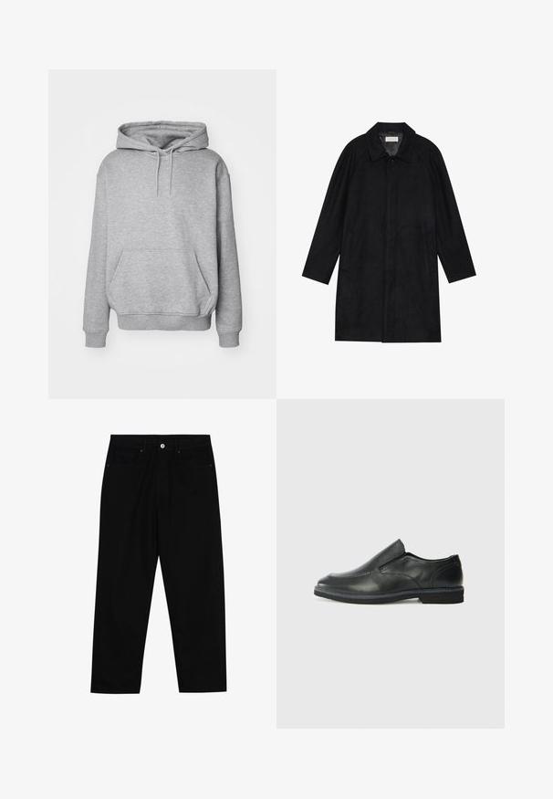 Juodas paltas, pagamintas iš minkštos, tekstūruotos medžiagos. Su apykakle, raglan rankovėmis, šoninėmis kišenėmis ir priekinėmis mygtukų uždarymo detalėmis.; Pilkas trauktinis džemperis, pagamintas iš minkštos medvilnės mišinio, su dideliu priekiu kišeniu, reguliuojamais raišteliais ir ribotais rankogaliais bei apačia.; Juoda džinsinė kelnė su tiesiu kirpimu, penkių kišenių dizainu ir priekiniais mygtukais. Lygus paviršius su minimaliu siuvimo detalėmis.; Juodai odiniai įtvirtinimo batai su lygiu paviršiumi, siuvinėjimo akcentais, apvalia nosimi ir žemu guminiu kulnu. Pado raštas minimalus.