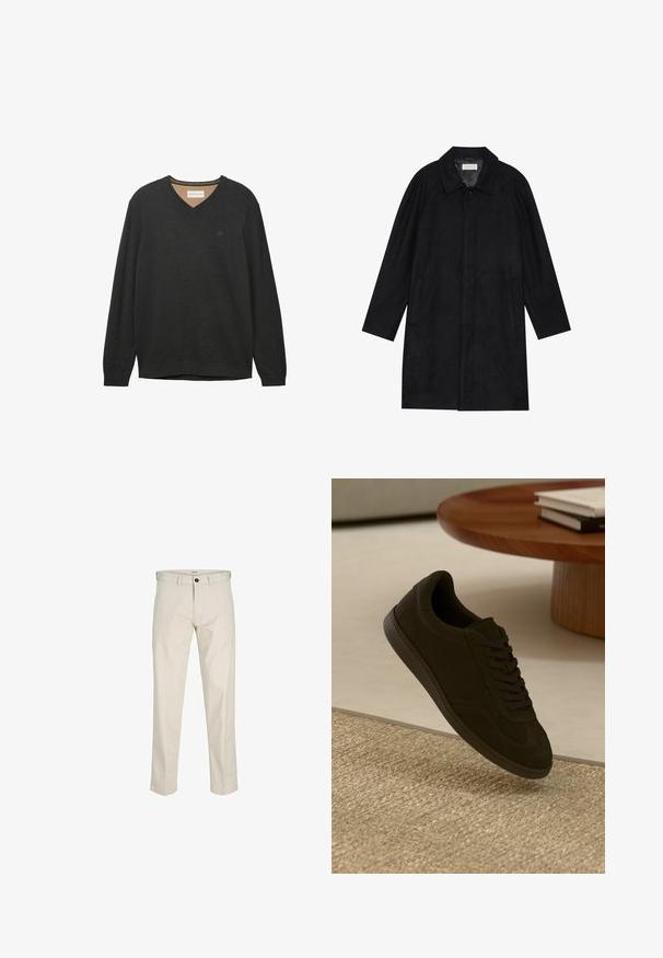 Czarny płaszcz wykonany z miękkiego, teksturowanego materiału. Posiada kołnierz, rękawy raglanowe, boczne kieszenie oraz zapięcie na guziki z przodu.; Czarny sweter w serek z długimi rękawami, wykonany z miękkiego, teksturowanego materiału. Posiada subtelne logo na piersi oraz ściągacze przy dekolcie i mankietach.; Beżowe bawełniane spodnie w prostym kroju, z guzikowym zapięciem, kieszeniami z przodu i przeszyciami. Gładka tekstura, minimalne detale i brak wzorów.; Czarne zamszowe sneakersy z zaokrąglonym noskiem, sznurowanym zapięciem, teksturowaną gumową podeszwą i kontrastowym przeszyciem, wyeksponowane na tle plecionego dywanu.