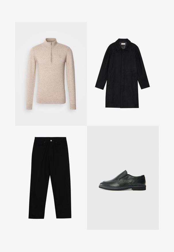 Cappotto nero realizzato in tessuto morbido e texturizzato. Caratterizzato da un colletto, maniche raglan, tasche laterali e chiusura frontale con bottoni.; INDICODE JEANS Maglione - beige mix; Pantaloni in denim nero con taglio dritto, design a cinque tasche e chiusura frontale con bottone. Tessuto liscio con dettagli di cucitura minimi.; Scarpa nera in pelle con inserto scivolare, superiore liscio, dettagli cuciti, punta arrotondata e tacco in gomma basso. La suola presenta un battistrada minimale.