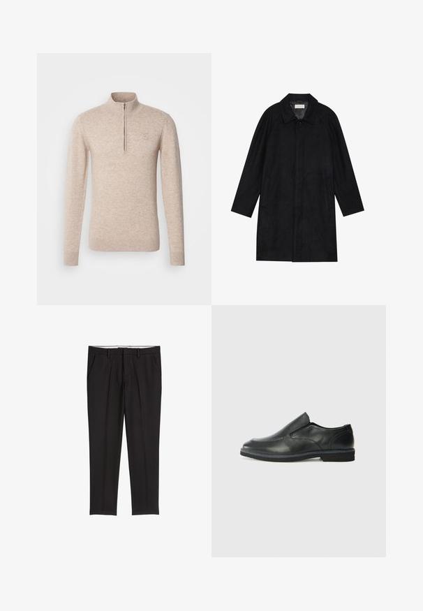 Schwarzer Mantel aus weichem, strukturiertem Stoff. Besitzt einen Kragen, Raglansärmel, seitliche Taschen und einen vorderen Knopfverschluss.; INDICODE JEANS Strickpullover - beige mix; Schwarze, maßgeschneiderte Hose mit glatter Textur, ausgestattet mit zwei Seitentaschen, einer flachen Vorderseite und einem klassischen Bund.; Schwarze Leder-Slipper mit glattem Obermaterial, gesteppten Akzenten, runder Zehenpartie und niedrigem Gummiabsatz. Die Sohle hat ein minimales Profil.