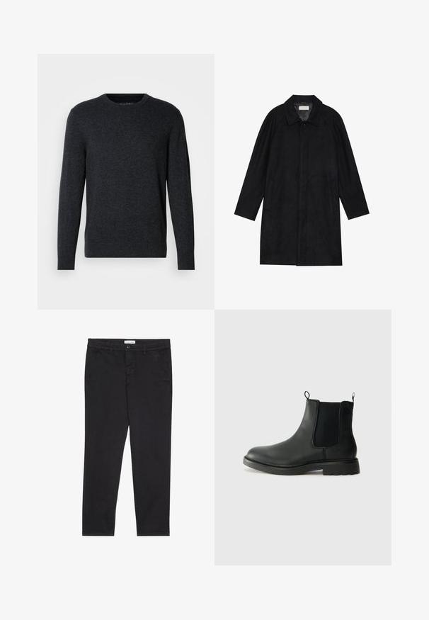 Black coat made from soft, textured fabric. Features a collar, raglan sleeves, side pockets, and a front button closure.; Dark gray knit sweater with long sleeves, round neck, ribbed cuffs, and hem. Smooth texture with subtle variation in color. No distinct patterns.; Black cotton trousers with a slim fit, featuring two side pockets and a front button closure. Textured fabric with subtle detailing.; Black leather chelsea boots with elastic side panels, pull tabs, rounded toe, and textured rubber sole. Smooth surface and sturdy design.