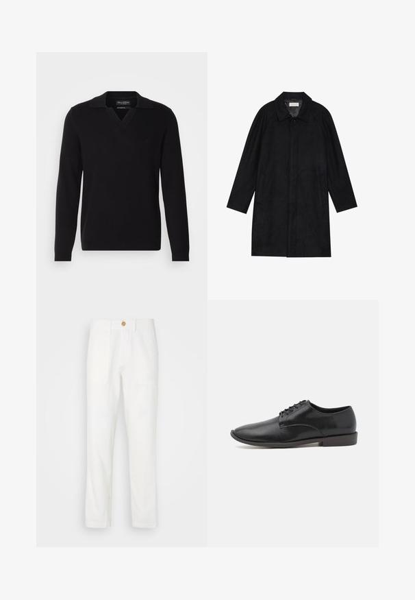 Schwarzer Mantel aus weichem, strukturiertem Stoff. Besitzt einen Kragen, Raglansärmel, seitliche Taschen und einen vorderen Knopfverschluss.; Schwarzer gestrickter Pullover mit V-Ausschnitt und umgeschlagenem Kragen. Verfügt über lange Ärmel und ein dezentes Logo auf der Brust. Glatte Textur.; Weiße Stoffhosen mit geradem Schnitt, ausgestattet mit zwei vorderen Taschen und einem Knopfverschluss. Glatte Textur und sauberes Design.; Schwarze Leder-Schnürschuhe mit glatter Oberfläche, abgerundeter Zehenpartie und einer gummierten, flachen Sohle. Minimalistisches Design ohne zusätzliche Verzierungen.