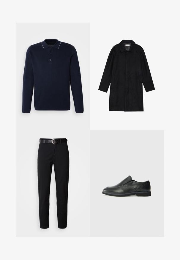Black coat made from soft, textured fabric. Features a collar, raglan sleeves, side pockets, and a front button closure.; Navy blue long-sleeve polo shirt with a textured fabric, contrasting light collar, three-button placket, and a relaxed fit.; Black trousers with a straight cut, featuring a smooth texture and a black leather belt with a silver buckle. Simple design, no patterns or accents.; Black leather slip-on shoe with a smooth upper, stitched accents, rounded toe, and a low rubber heel. Sole features minimal tread.