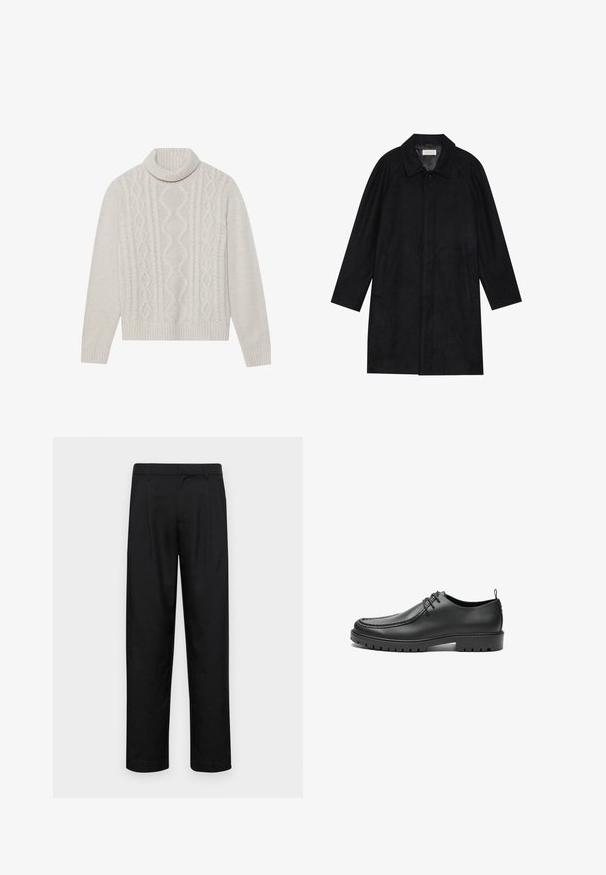Cappotto nero realizzato in tessuto morbido e texturizzato. Caratterizzato da un colletto, maniche raglan, tasche laterali e chiusura frontale con bottoni.; Maglione a maglia cable color crema con colletto alto a coste, caratterizzato da un motivo testurizzato e polsini e orlo a coste. Materiale morbido in misto lana.; Pantaloni neri realizzati in tessuto liscio, caratterizzati da un taglio dritto, due pieghe frontali e una vita standard con passanti per la cintura.; Scarpe in pelle nera con finitura liscia, punta tondeggiante e cuciture decorative. Presentano una suola in gomma con scanalature per la trazione e un design con lacci.