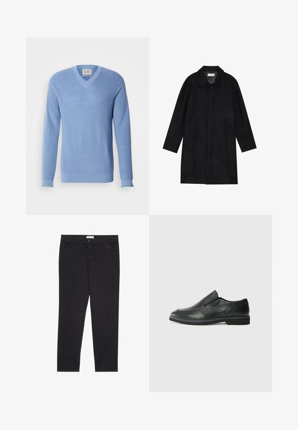Czarny płaszcz wykonany z miękkiego, teksturowanego materiału. Posiada kołnierz, rękawy raglanowe, boczne kieszenie oraz zapięcie na guziki z przodu.; Jasnoniebieski sweter w serek z prążkowanym wzorem, z długimi rękawami i kontrastującymi zielonymi akcentami na mankietach. Posiada metkę przy dekolcie.; Czarnie bawełniane spodnie o dopasowanym kroju, z dwoma bocznymi kieszeniami i zapięciem na guzik z przodu. Teksturowana tkanina z subtelnymi detalami.; Czarne skórzane buty wsuwane z gładką cholewką, przeszyciami, okrągłym noskiem i niskim gumowym obcasem. Podeszwa ma minimalny bieżnik.