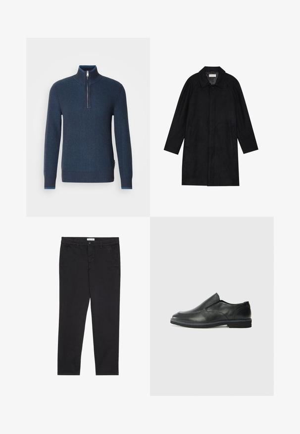 Schwarzer Mantel aus weichem, strukturiertem Stoff. Besitzt einen Kragen, Raglansärmel, seitliche Taschen und einen vorderen Knopfverschluss.; Navyblauer Zip-Kragenpullover. Gerippte Textur, lange Ärmel, enganliegende Bündchen und ein kontrastierender Innenkragen. Hergestellt aus einem weichen, warmen Stoff.; Schwarze Baumwollhose im Slim-Fit-Stil mit zwei seitlichen Taschen und einem vorderen Knopfverschluss. Strukturierter Stoff mit subtilen Details.; Schwarze Leder-Slipper mit glattem Obermaterial, gesteppten Akzenten, runder Zehenpartie und niedrigem Gummiabsatz. Die Sohle hat ein minimales Profil.