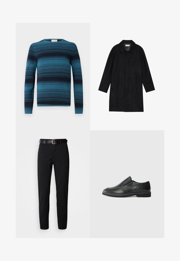 Manteau noir en tissu doux et texturé. Présente un col, des manches raglan, des poches latérales et une fermeture à boutons sur le devant.; Pull à rayures bleu et marine à manches longues avec un col rond, en tissu texturé, et des motifs tricotés détaillés tout au long.; Pantalon noir à coupe droite, avec une texture lisse et une ceinture en cuir noir avec une boucle en métal argenté. Design simple, sans motifs ni accents.; Chaussure slip-on en cuir noir avec une tige lisse, des accents cousus, un bout arrondi et un petit talon en caoutchouc. La semelle présente un profil de traction minimal.