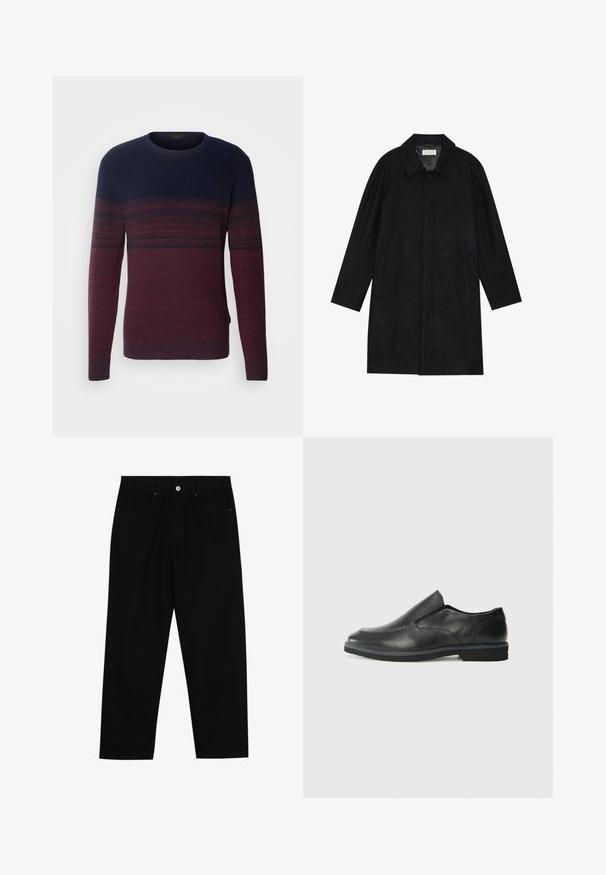 Černý kabát vyrobený z měkké, strukturované tkaniny. Má límec, raglánové rukávy, boční kapsy a přední zapínání na knoflíky.; INDICODE JEANS Svetr - russet; Černé džíny s rovně střiženými nohavicemi, designem pěti kapes a předním zapínáním na knoflík. Hladký povrch s minimem švových detailů.; Černá kožená nazouvací bota s hladkým svrškem, prošívanými detaily, zaoblenou špičkou a nízkým gumovým podpatkem. Podešev má minimální vzorek.