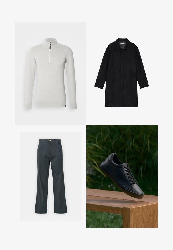 Čierny kabát vyrobený z jemnej, textúrovanej látky. Má golier, raglánové rukávy, bočné vrecká a zapínanie na prednej strane na gombíky.; Svetlošedá zipsová bunda vyrobená z mäkkej tkaniny, s vysokým golierom a dlhými rukávmi s rebrovanými manžetami a lemom.; Čierne nohavice so straight leg strihom, vyrobené z bavlnenej zmesi. Majú kovové zapínanie a bočné vrecká. Bez viditeľných vzorov.; Čierna kožená teniska s hladkou textúrou, okrúlym špičkou a plochými šnúrkami, umiestnená nad dreveným povrchom s zelenou trávou v pozadí.