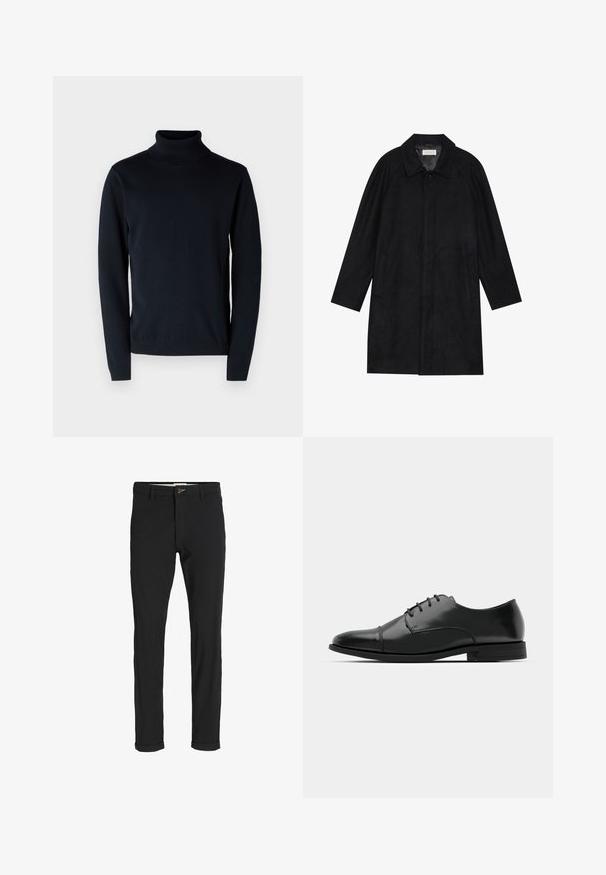 Czarny płaszcz wykonany z miękkiego, teksturowanego materiału. Posiada kołnierz, rękawy raglanowe, boczne kieszenie oraz zapięcie na guziki z przodu.; Ciemnoniebieski sweter z golfem wykonany z miękkiej, elastycznej tkaniny. Posiada długie rękawy oraz ściągacze na mankietach i u dołu. Prosty, czysty design.; Czarne spodnie z bawełnianego materiału w slim fit, z zapięciem na guzik, kieszeniami i podwiniętymi mankietami, co nadaje im swobodny charakter.; Czarne skórzane buty do garnituru z okrągłym noskiem, sznurowanym zapięciem, subtelnymi detalami przeszycia oraz niskim obcasem. Gładka faktura z polerowanym wykończeniem.