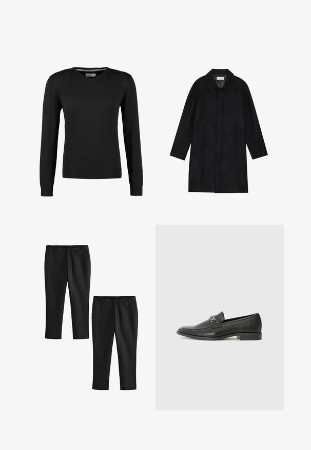 Melnā jaka, izgatavota no mīksta, teksturēta auduma. Ar apkakli, raglāna piedurknēm, sānu kabatām un priekšējo pogu aizdari.; Melnā, piegriezta, V veida kakla džemperis ar garām piedurknēm. Izgatavots no mīksta dzijas auduma, ar ribotām piedurknēm un jostasvietu. Minimālistisks dizains.; Melnas pielāgotas bikses ar gludu tekstūru, ar taisnu kāju dizainu un vidēju augstu jostasvietu. Parādītas divas pāru, viena no tām īsāka.; Melna ādas loafer izmēra apavi ar gludu virsmu, piedāvā ar šūtu dizainu un dekoratīvu metāla ķēdes akcentu pār vampu. Plakana papēža daļa.