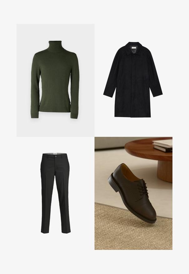 Must mustritud pehme kangast must mantel. Omab kraed, raglanvarrukaid, külgkotte ja ees nuppe.; Roheline kõrge kaelusega sviiter, mis on valmistatud pehmest kangast, on pika varrukaga, kitsas lõige ja ribatud mansetid ning ääred, külgedel on lõhikud.; Mustad püksid, kohandatud lõige, sile kangas, keskmise kõrgusega vöökoht, ees nupuga sulgemine, diagonaalsed taskud ja voldid jalgade all.; Pruunid nahast kleitkingad, millel on tekstureeritud ülemine osa, paelakujundus, kontrastne õmblus ja vastupidav kummist tall, hõljuvad kootud vaiba kohal.