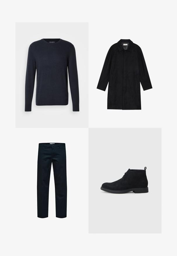 Manteau noir en tissu doux et texturé. Présente un col, des manches raglan, des poches latérales et une fermeture à boutons sur le devant.; Pull bleu marine à col rond fabriqué en tissu tricoté doux, avec des manches longues et un logo subtil sur la poitrine, ainsi que des poignets et un ourlet côtelés.; Pantalons en coton noirs avec une coupe droite, dotés d'une fermeture à bouton simple et de poches standards. Texture lisse et sans motifs visibles.; Bottines en suède noir, avec un bout rond, un design à lacets et une semelle en caoutchouc texturé. Comprend une petite languette à l'arrière.