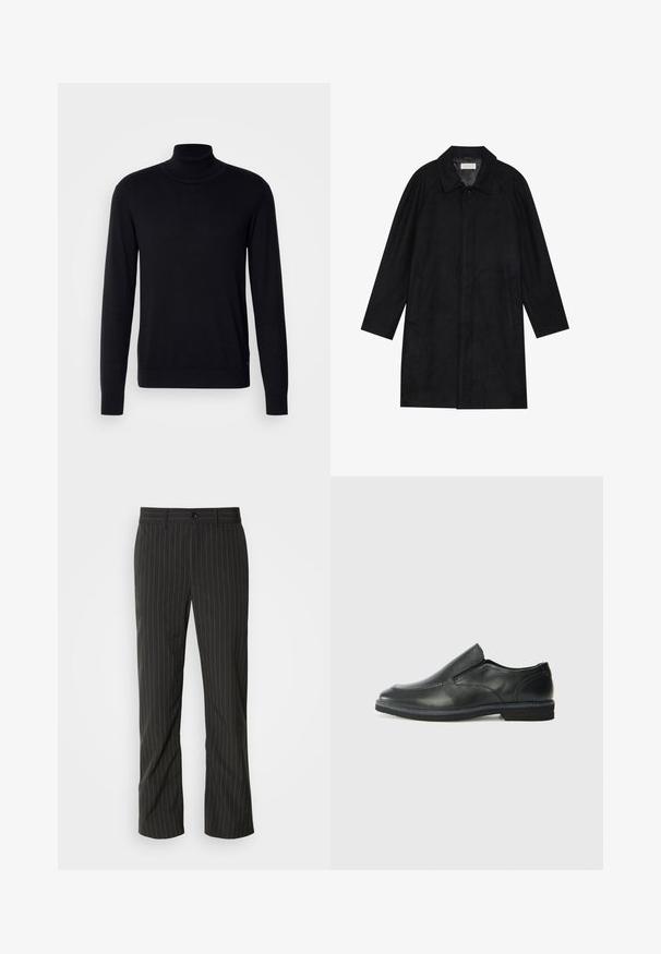 Črn plašč, izdelan iz mehkega, strukturiranega blaga. Ima ovratnik, raglan rokave, stranske žepe in sprednje zapiranje na gumbe.; Črna turtleneck pulover iz mehkega blaga. Ima dolge rokave, rebrast ovratnik in manšete, z gladko teksturo in brez vzorcev.; Črne hlače z belimi črtami, ravnega kroja. Imajo gladko teksturo, sprednje zapiranje na gumb in zanke za pas.; Črne usnjene natikače z gladkim zgornjim delom, prišitimi detajli, zaobljenim nosom in nizkim gumijastim petkom. Podplat ima minimalen profil.