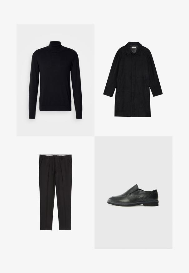 Manteau noir en tissu doux et texturé. Présente un col, des manches raglan, des poches latérales et une fermeture à boutons sur le devant.; Pull à col montant noir en tissu doux. Doté de manches longues, d'un col et de poignets côtelés, avec une texture lisse et sans motifs.; Pantalons tailleurs noirs avec une texture lisse, dotés de deux poches latérales, d'un front plat et d'une taille classique.; Chaussure slip-on en cuir noir avec une tige lisse, des accents cousus, un bout arrondi et un petit talon en caoutchouc. La semelle présente un profil de traction minimal.