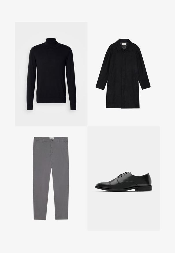 Cappotto nero realizzato in tessuto morbido e texturizzato. Caratterizzato da un colletto, maniche raglan, tasche laterali e chiusura frontale con bottoni.; Maglione collo alto nero realizzato in morbido tessuto. Presenta maniche lunghe, colletto e polsini a coste, con una texture liscia e senza fantasie.; Pantaloni in cotone grigi con vestibilità slim, dotati di due tasche anteriori, una tasca posteriore e chiusura con bottone in vita.; Scarpa da uomo in pelle nera con punta rotonda, design con lacci, dettagli di cucitura discreti e tacco basso. Texture liscia con finitura lucida.