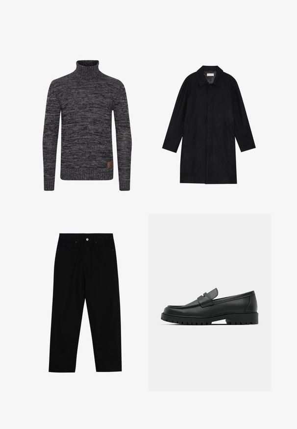 Schwarzer Mantel aus weichem, strukturiertem Stoff. Besitzt einen Kragen, Raglansärmel, seitliche Taschen und einen vorderen Knopfverschluss.; Dunkelgrauer Strickrollkragenpullover mit einem strukturierten Muster. Verfügt über ein tailliertes Design und ein gewebtes Etikett an der unteren Vorderseite.; Schwarze Jeans mit geradem Schnitt, Fünf-Taschen-Design und einem vorderen Knopfverschluss. Glatte Textur mit minimalen Nähten.; Schwarze Lederloafer mit runder Zehenform, ausgestattet mit einem gesteppten Design, niedrigem Plattformsohle und einer strukturierten, genoppten Gummisohle.